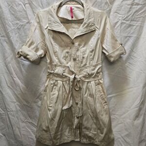 Picky Girl Corset Shirt Dress Belted‎ Collared Short Sleeve Beige Women's Large